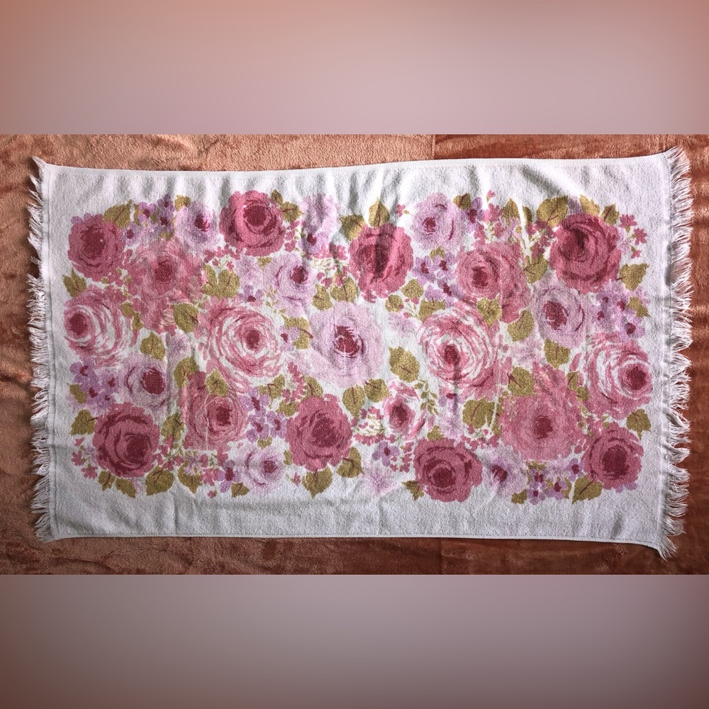Vintage Pink Floral Hand Towel Fringe Edge 39”x24.5”